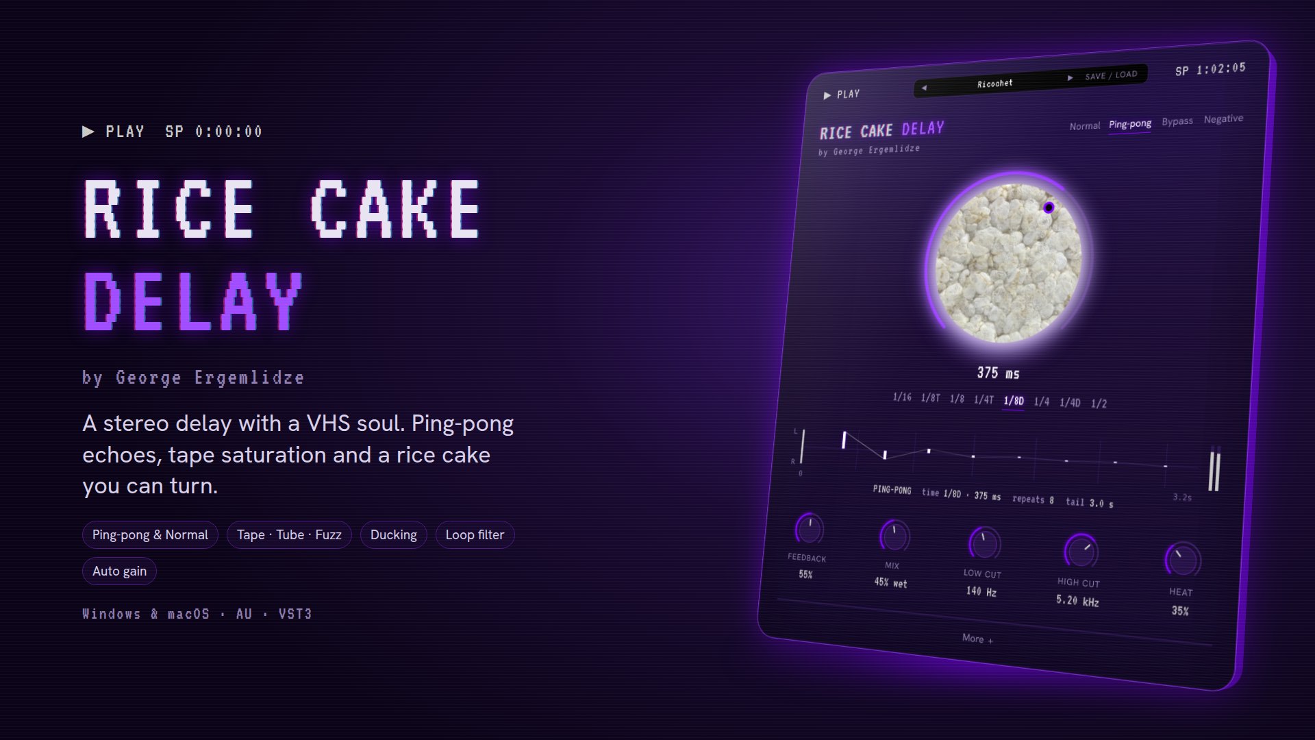 Rice Cake Delay by George Ergemlidze — a stereo delay with a VHS soul, shown next to the plugin window