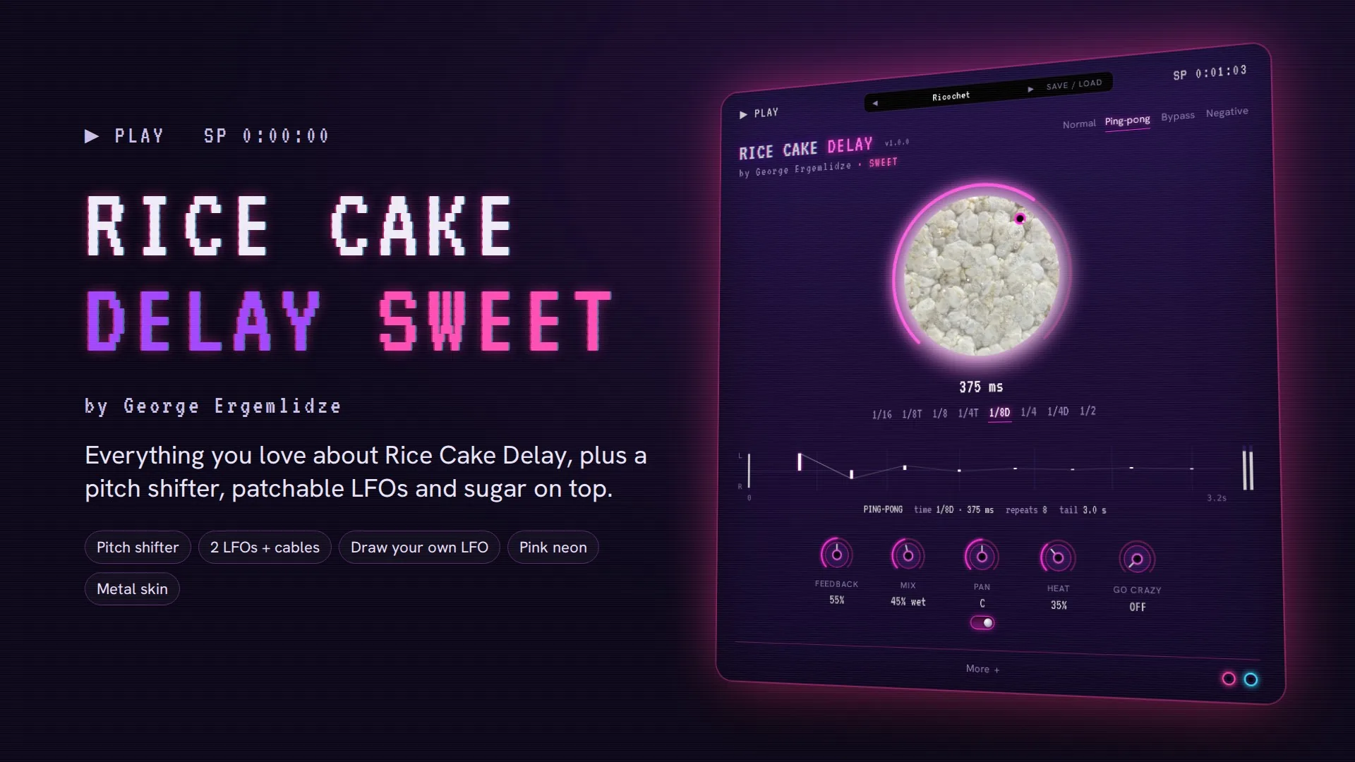 Rice Cake Delay Sweet by George Ergemlidze — the plugin window in pink neon next to the title