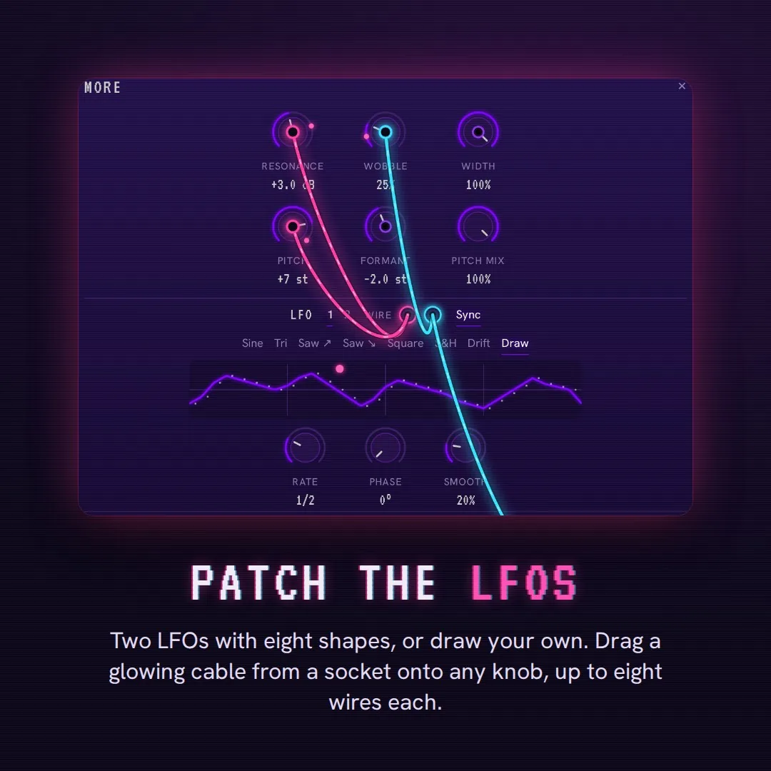 Two LFOs patched with pink and cyan cables onto the Resonance, Pitch and Wobble knobs, with a hand-drawn LFO shape
