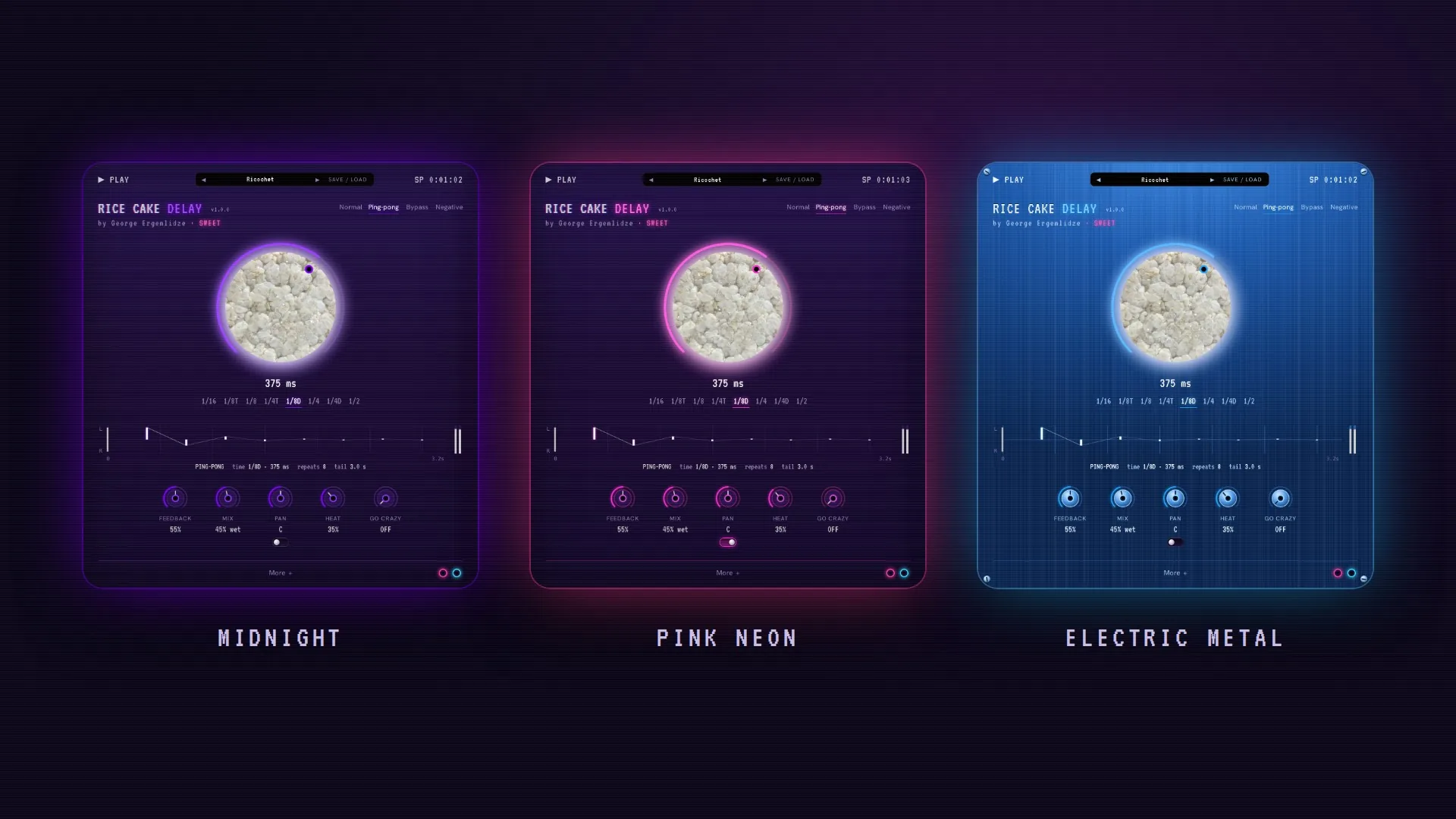Rice Cake Delay Sweet in three looks: Midnight, Pink neon and Electric metal